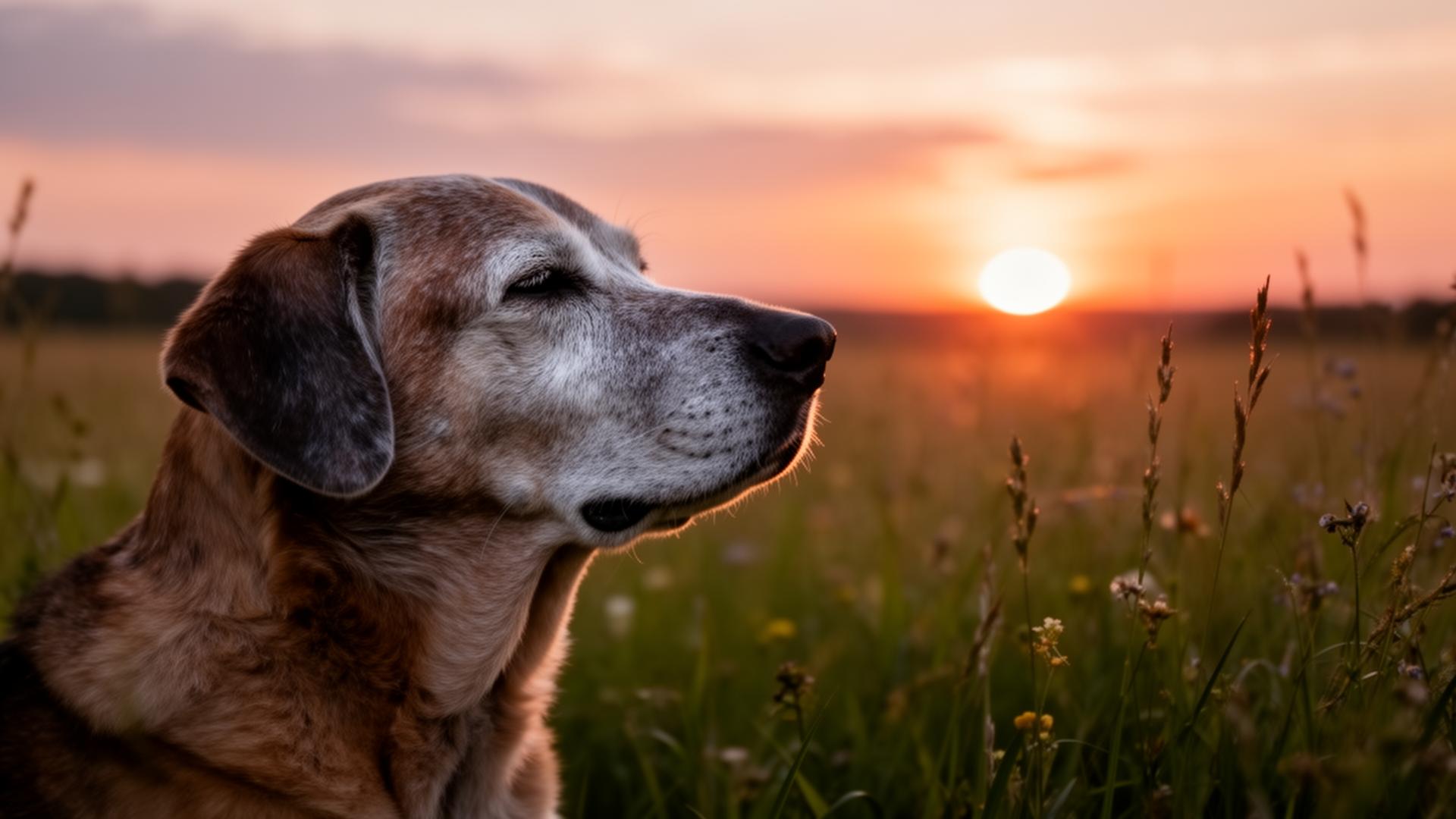 Cão sénior ao pôr do sol